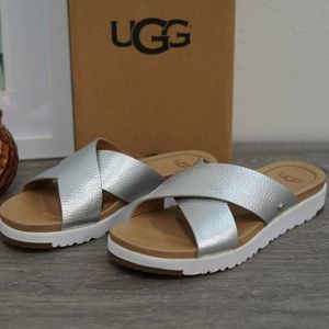UGG Women's Silver Cross-Strap Slide Sandal